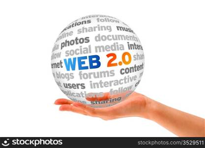 Hand holding a Web 2.0 Word Sphere on white background.