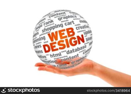 Hand holding a Web Design 3D Sphere on white background.