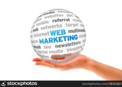 Hand holding a Web Marketing Word Sphere on white background.