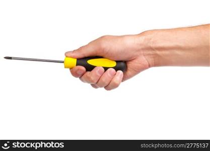 Hand holding a yellow and black screwdriver isolated over white background