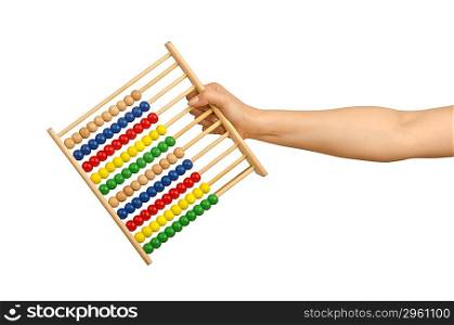 Hand holding abacus on white