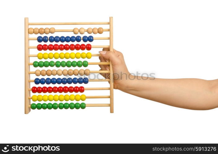 Hand holding abacus on white