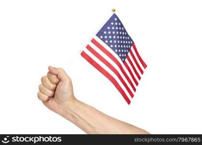 Hand holding American flag isolated on white background
