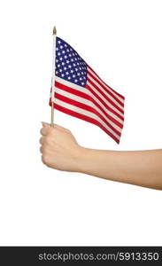 Hand holding american flag on white