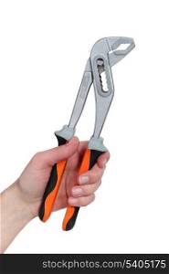 Hand holding an adjustable wrench