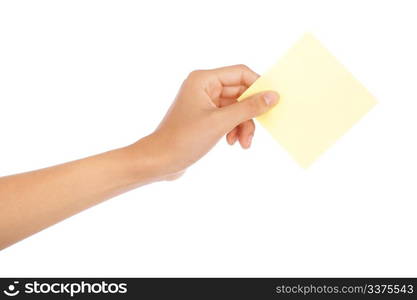 Hand holding an empty business card over white background