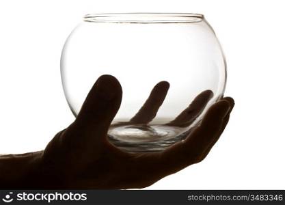 hand holding an empty glass container isolated