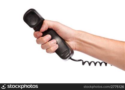 Hand holding an old black telephone tube isolated on white background