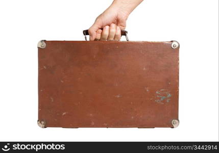 hand holding an old suitcase isolated on white background