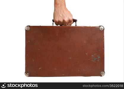 hand holding an old suitcase isolated on white background