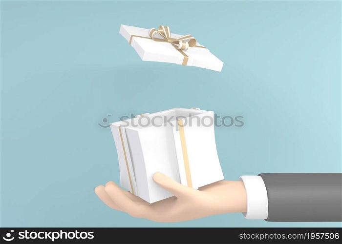 hand holding an open gift box on mint background.3D rendering