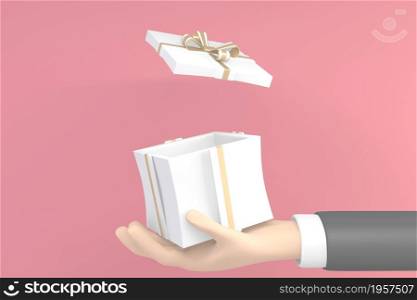hand holding an open gift box on pink background.3D rendering