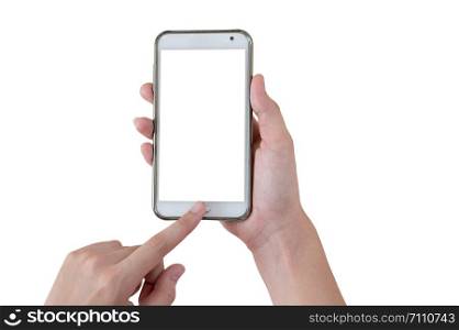 Hand holding and Touch on Smartphone with blank screen on white background