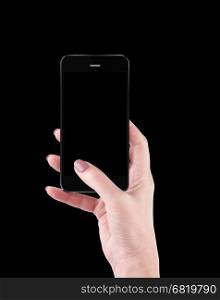 Hand holding and Touching a Smartphone isolated on black background. Hand holding and Touching a Smartphone