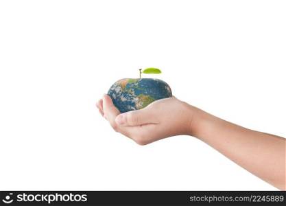 Hand holding apple fruit of Globe, Earth isolated on white background. Elements of this image furnished by NASA