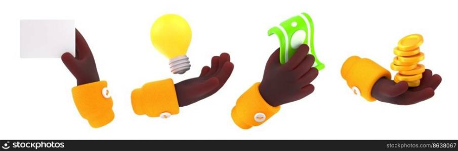 Hand holding bank card, cash money, gold coins and light bulb. Concept of idea, payment, finance, business. African american man hand with blank visit card, 3d render illustration. 3d hand hold bank card, cash money and light bulb