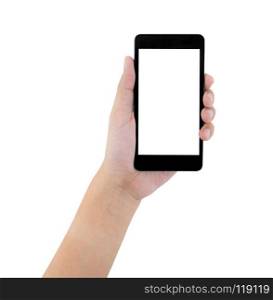 hand holding black phone isolated on white clipping path inside