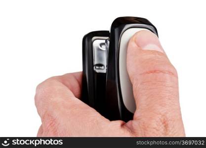 Hand holding black stapler, isolated on white