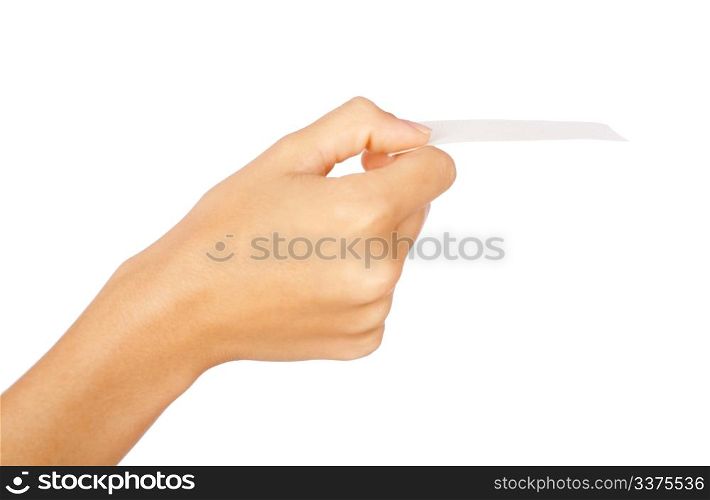 Hand holding blank business card isolated..