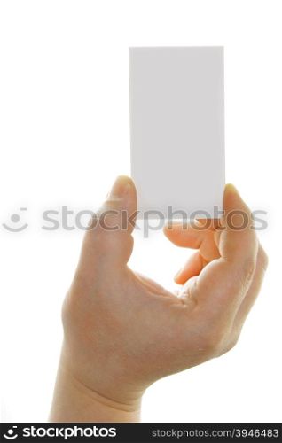 Hand holding blank business card isolated over white background