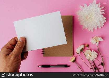 Hand holding blank card, notebook, pen and flower on pink background