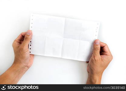 Hand holding blank paper on white background.