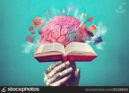 Hand holding book icon w/ words inside; brain reading amidst colorful, vintage-style surrealist canvas poster by generative AI