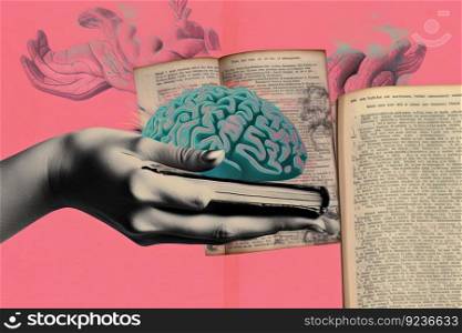 Hand holding book icon w/ words inside  brain reading amidst colorful, vintage-style surrealist canvas poster by generative AI