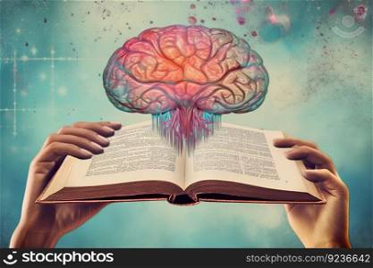 Hand holding book icon w/ words inside; brain reading amidst colorful, vintage-style surrealist canvas poster by generative AI