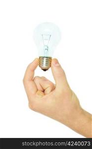 hand holding bulb isolated on white background