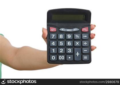 Hand holding calculator on white