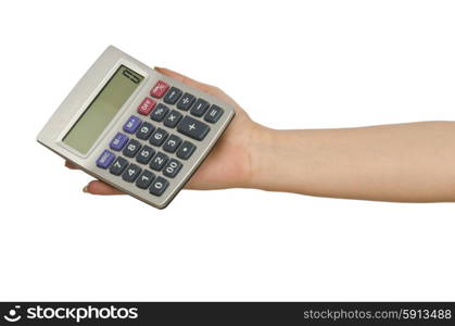 Hand holding calculator on white