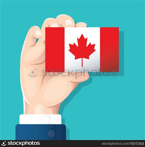 hand holding Canada flag card with blue background. vector illustration eps10