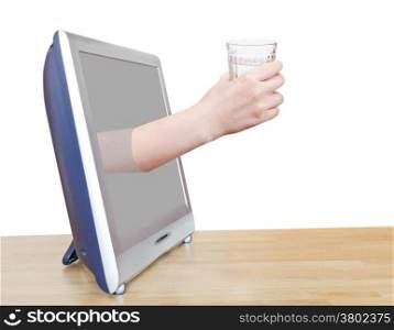 hand holding clear water in glass leans out TV screen isolated on white background