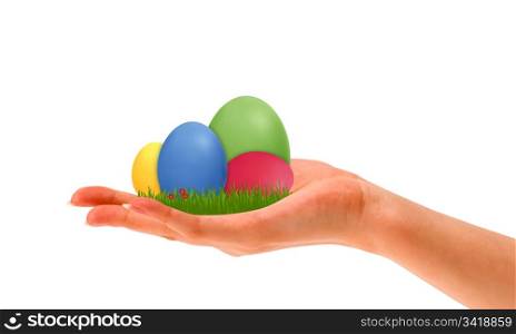 Hand holding coloful easter eggs on white background.