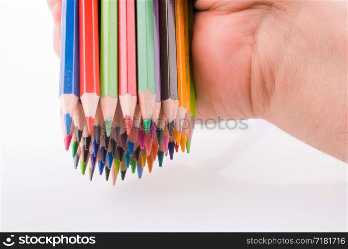 Hand holding Color pencils on a white background