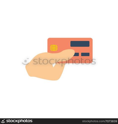 Hand holding credit card icon. Flat color design. Vector illustration.