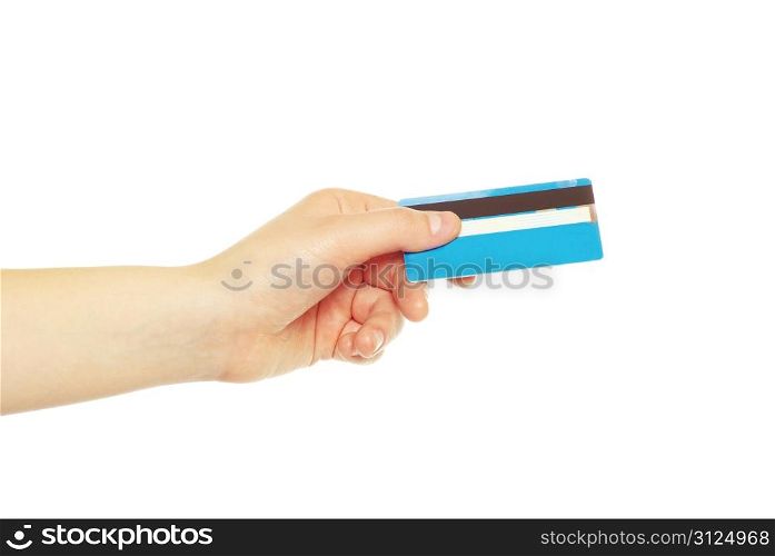 hand holding credit card isolated on white