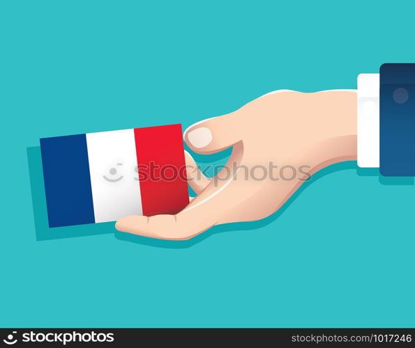 hand holding France flag card with blue background. vector illustration eps10