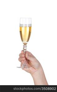 Hand holding glass of champagne on white background