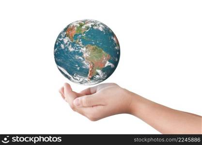 Hand holding Globe, Earth isolated on white background. Elements of this image furnished by NASA
