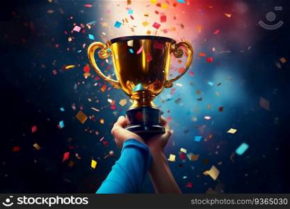 Hand holding gold trophy cup with confetti. celebrating with trophy award for success. Generative AI