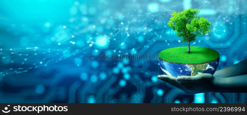 Hand holding haft of Earth with Tree growing on. Eco Technology and Technology Convergence. Green Computing, Green Technology, Green IT, csr, and IT ethics Concept. Image furnished by NASA.