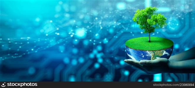 Hand holding haft of Earth with Tree growing on. Eco Technology and Technology Convergence. Green Computing, Green Technology, Green IT, csr, and IT ethics Concept. Image furnished by NASA.
