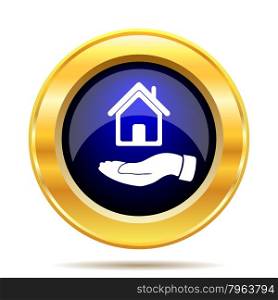 Hand holding house. Internet button on white background.