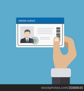 Hand holding id card, car driving license. Vector illustration. Hand holding id card, car driving license.