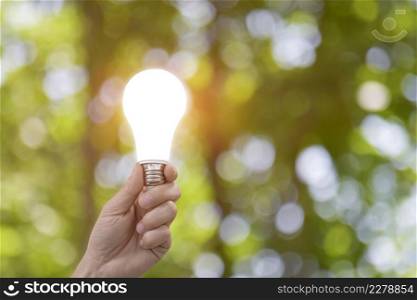 Hand holding lamp bulb on green nature background. Environment friendly concept.