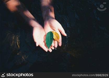 Hand holding leaf  Underwater for Saving environment concept, World Earth Day.