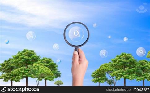 Hand holding magnifying glass with O2 molecular text in many bubbles on the air and green trees in outdoors area, good air quality with eco friendly environment without carbon dioxide emissions