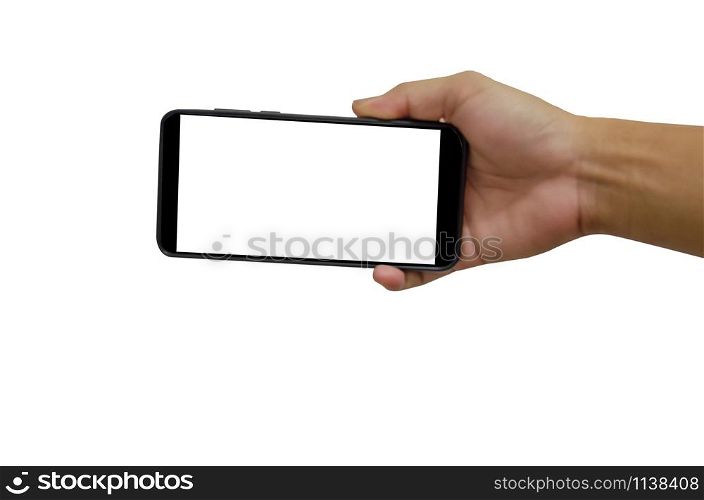 Hand holding martphone black with blank screen on the white background.Clipping path